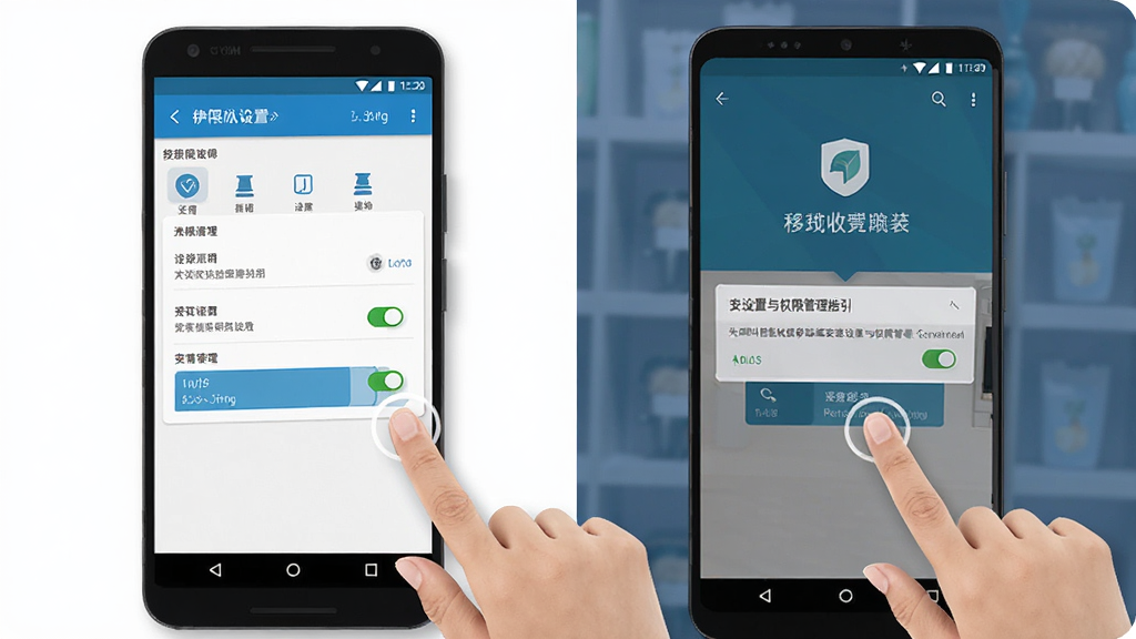 一张表现先叫智能收银移动端安装设置与权限管理指引的图片,画面主体是安卓手机屏幕显示权限设置界面和软件安装完成页面,旁边有手指点击操作的示意,布局为竖版构图,排版清晰,风格为科技教程风,细节上突出设置项图标与开关状态,画质干净高清,无多余装饰元素