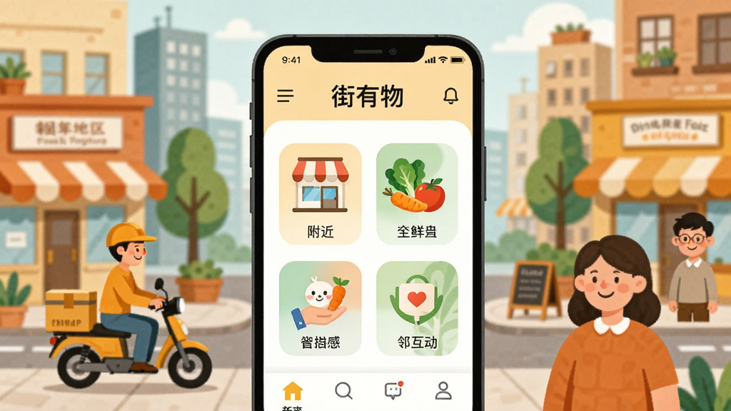 一幅展现现代都市社区生活气息的插画,画面中心是一部智能手机,屏幕上显示着“街有物”应用程序的界面,界面里有附近商铺、生鲜果蔬和邻里互动的图标。手机周围环绕着风格化的街道、小店、快递员和微笑的居民,采用扁平化矢量风格,色彩温暖明亮,细节丰富,画质清晰,干净无多余元素。