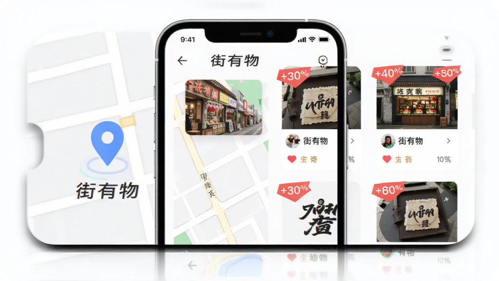 为“街有物”软件设计一张功能展示图,主体是一个手机屏幕,屏幕内展示着基于地图定位的周边商家列表和商品缩略图,有“街有物”文字标识。布局采用左右分栏,左侧是地图定位图标,右侧是商品卡片。风格为现代科技感UI风格,细节包括鲜艳的折扣标签和店铺头像,画质高清,干净无多余元素。
