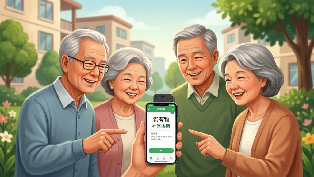生成一张展示“街有物”社区拼团功能的场景图,画面中有几位不同年龄的邻居在小区花园里看着手机微笑,手机屏幕上显示拼团成功的界面,背景有楼房和绿树。风格为温馨写实插画,细节表现人物表情和手机界面,画质细腻,干净无多余元素。