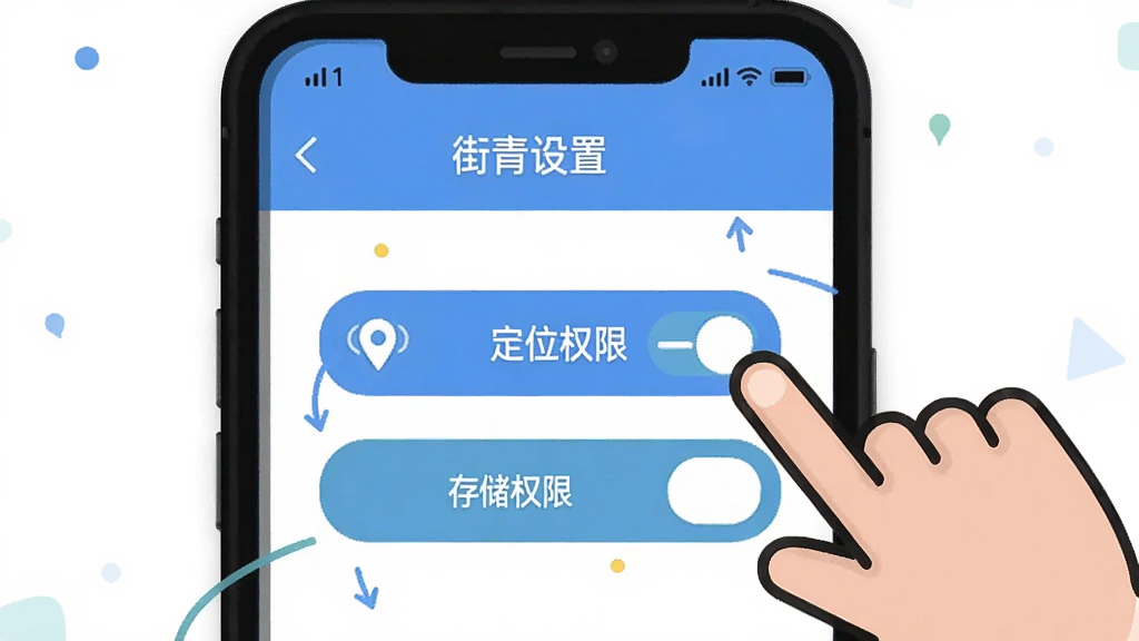 一张关于“街有物”应用使用技巧的示意图,画面主体是一个手机屏幕显示着设置菜单和权限开关,旁边有卡通风格的手指点向“定位权限”和“存储权限”按钮。布局简洁,风格为扁平化图标设计,细节清晰,画质干净,无多余元素。