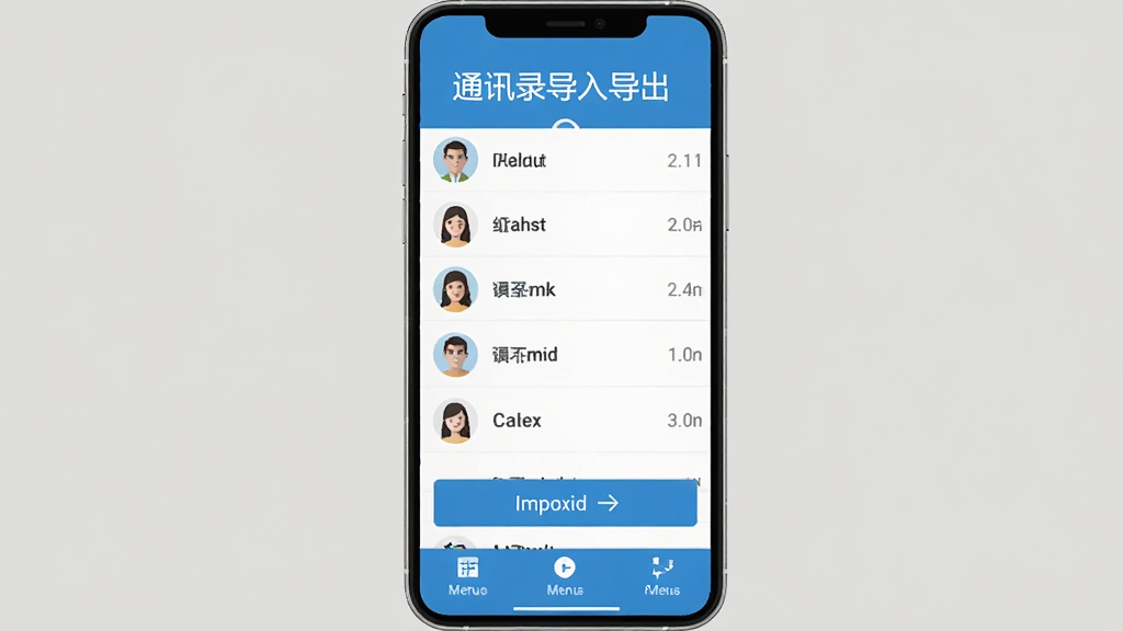 手机屏幕中央显示通讯录导入导出软件界面,界面顶部有通讯录导入导出文字标题,中间是联系人列表和导入导出按钮,底部是操作菜单栏,整体布局清晰,扁平化设计风格,蓝色和白色为主色调,界面干净整洁,画质清晰,无多余元素
