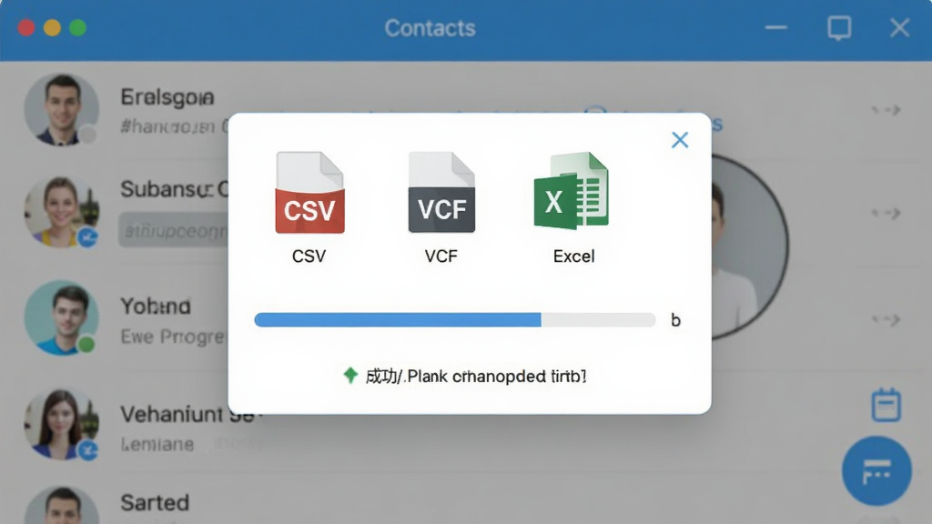 通讯录导入导出软件界面中显示文件选择弹窗,弹窗内列出CSV、VCF、Excel等文件格式图标,下方有导入进度条和成功提示,背景是手机联系人列表,扁平化设计风格,蓝色主色调,界面干净整洁,画质清晰