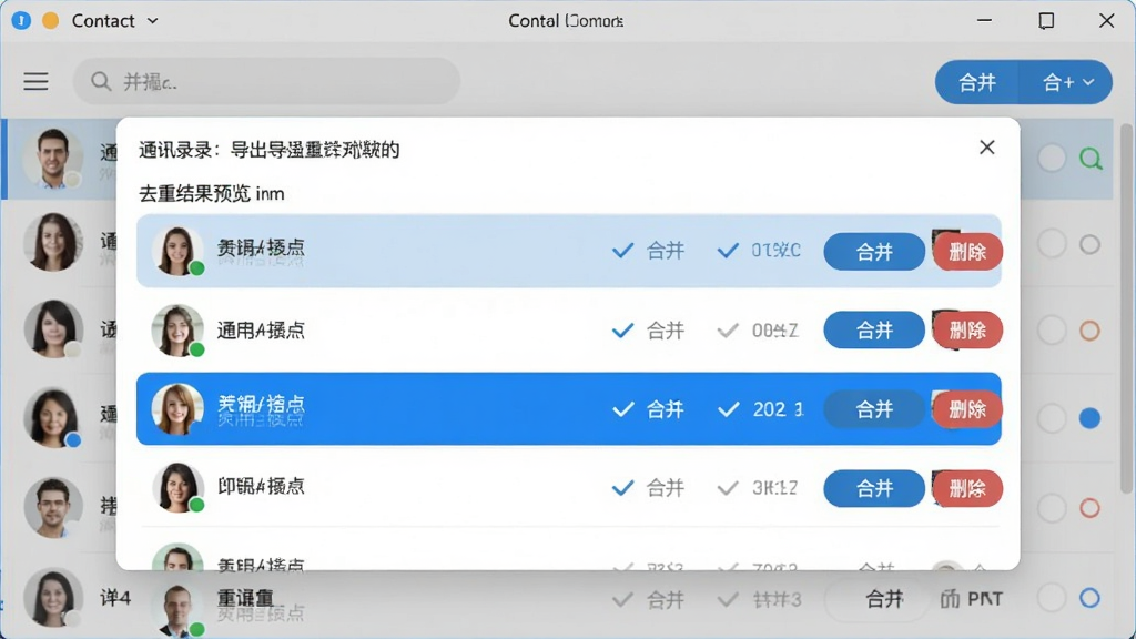 通讯录导入导出软件界面显示去重结果预览,列表中重复联系人被高亮标记,旁边有合并和删除按钮,背景是联系人列表,扁平化设计风格,蓝色和白色主色调,界面干净整洁,画质清晰