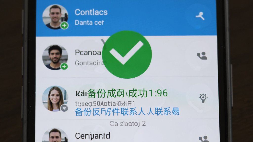 手机屏幕显示通讯录导入导出软件的备份完成界面,界面中央有绿色对勾和备份成功文字,下方显示备份文件路径和联系人数量,背景是手机联系人列表,扁平化设计风格,蓝色和绿色主色调,界面干净整洁,画质清晰
