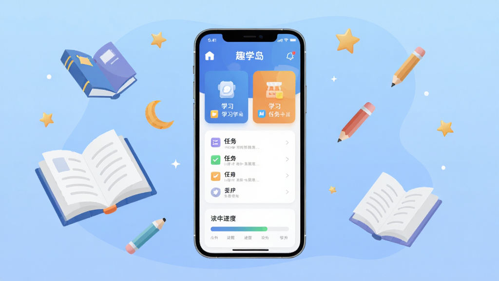 趣学岛软件主界面全貌展示,画面中央是一部智能手机,屏幕上显示趣学岛应用首页,包含学习卡片、任务列表与进度条等模块,背景为柔和渐变蓝色,周围漂浮着书本、铅笔、星星等学习元素,整体布局简洁清晰,风格为现代扁平化插画,细节丰富,画质高清,干净无多余元素