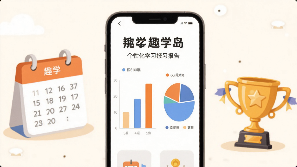 趣学岛个性化学习报告界面,画面中手机屏幕展示柱状图与饼图数据,旁边有日历和奖杯元素,背景为暖白色,风格为清新简约插画,细节丰富,画质高清,干净无多余元素