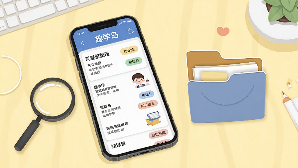 趣学岛智能错题整理功能展示,画面中手机屏幕显示错题列表与知识点标签,旁边有放大镜和整理夹等元素,背景为淡黄色桌面,风格为简约商务插画,细节丰富,画质高清,干净无多余元素