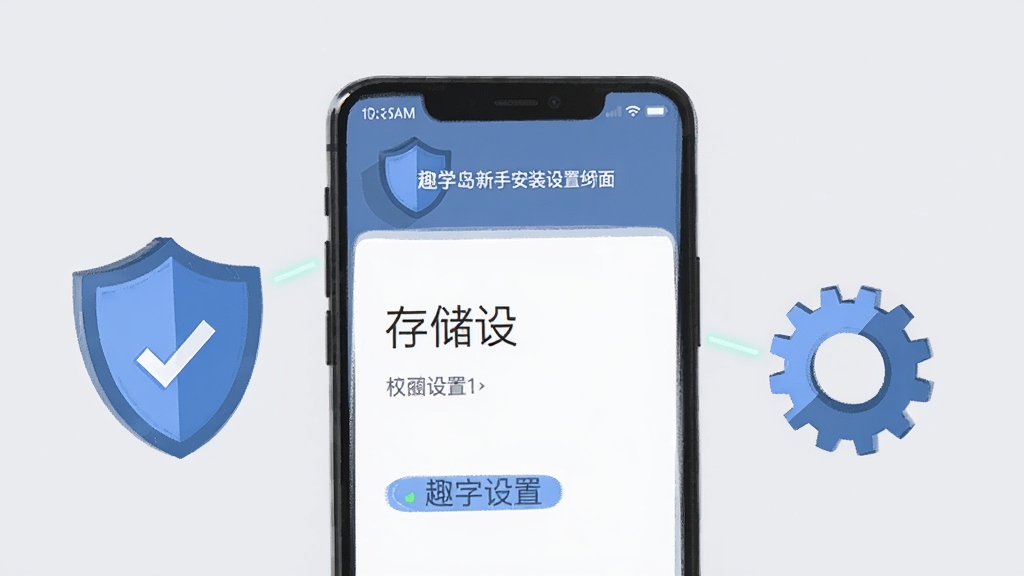 趣学岛新手安装设置界面,画面展示手机屏幕中权限管理与存储设置页面,旁边有盾牌和齿轮图标,背景为浅灰色,风格为简洁扁平插画,细节清晰,画质高清,干净无多余元素