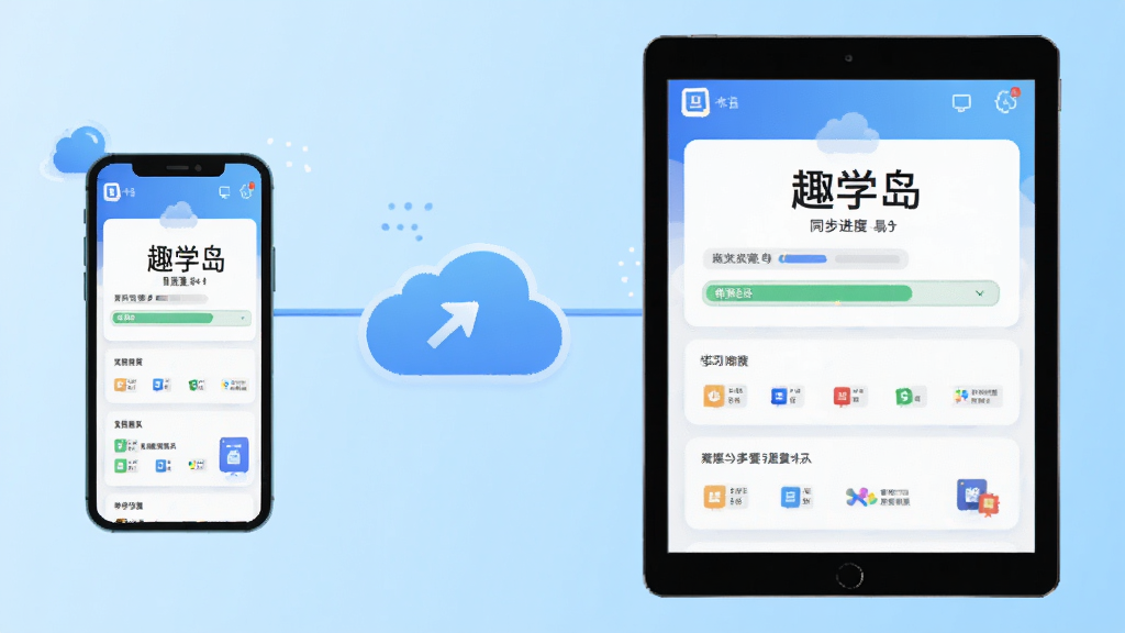 趣学岛多端同步功能示意图,画面展示手机与平板并排显示相同学习进度界面,中间用云朵图标连接,背景为浅蓝色渐变,风格为科技感扁平插画,细节清晰,画质高清,干净无多余元素