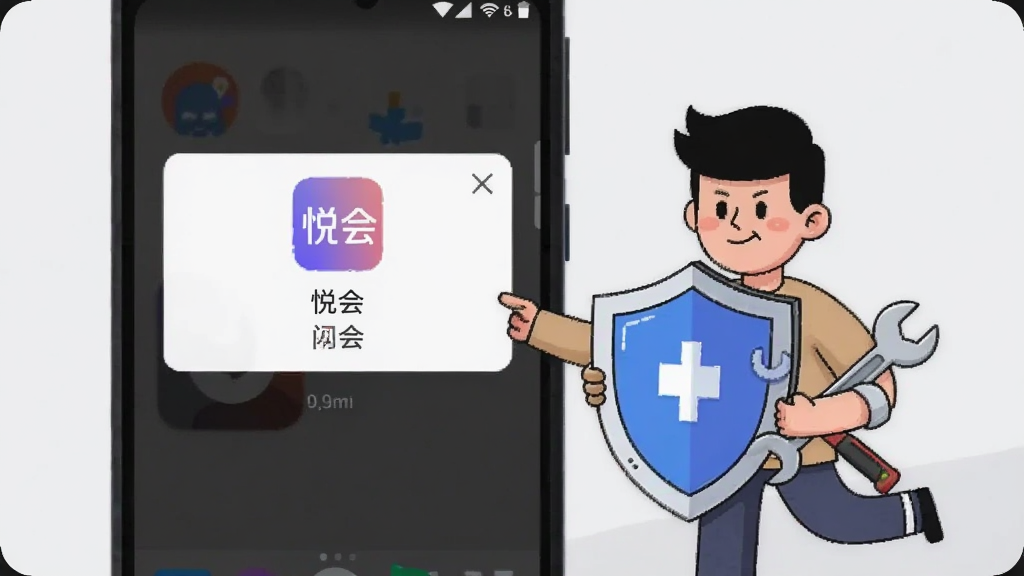 画面展示一部安卓手机屏幕出现“悦会”应用闪退提示,旁边有一位卡通人物手持盾牌与工具进行修复,背景为浅灰色,布局简洁,风格扁平化插画,细节清晰,画质高清,干净,无多余元素