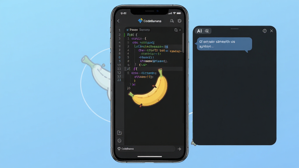 CodeBanana软件主界面展示,画面中央放置一部智能手机,手机屏幕上显示CodeBanana的编程学习界面,包含代码编辑器与AI对话窗口,背景为浅蓝色渐变,主体突出,布局居中对齐,风格简洁现代科技感,细节包含代码行高亮与卡通香蕉图标,画质清晰干净无多余元素