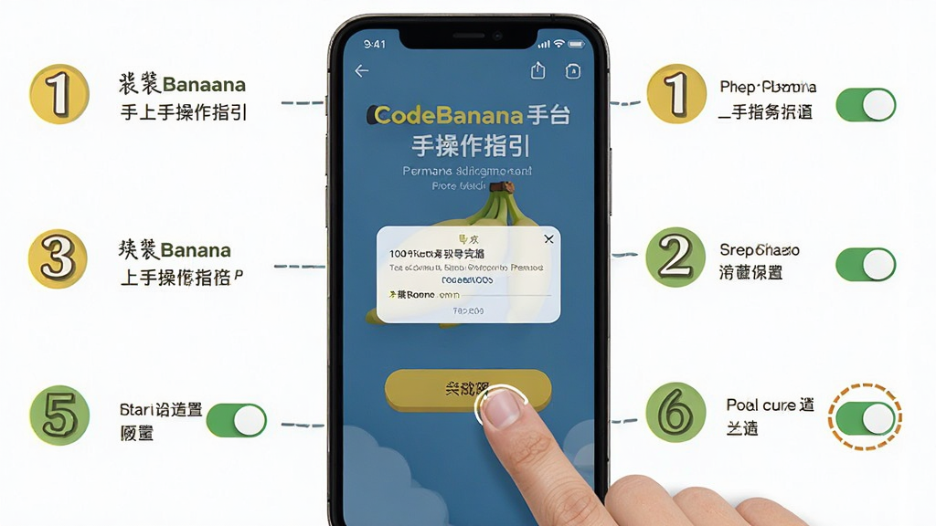 CodeBanana新手上手操作指引图,手机屏幕展示安装完成后的引导页面,画面中有手指点击按钮的示意,布局为手机居中周围环绕步骤序号,风格明快教程风,细节包含权限弹窗与设置开关图标,画质清晰干净无多余元素