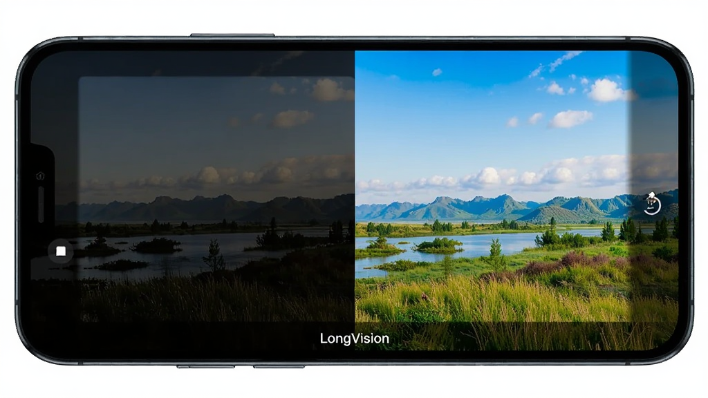 一部智能手机正在运行LongVision软件的图像增强功能,屏幕上显示一张风景照片前后对比效果,左侧为原图偏暗,右侧为增强后的明亮鲜艳画面,界面底部有