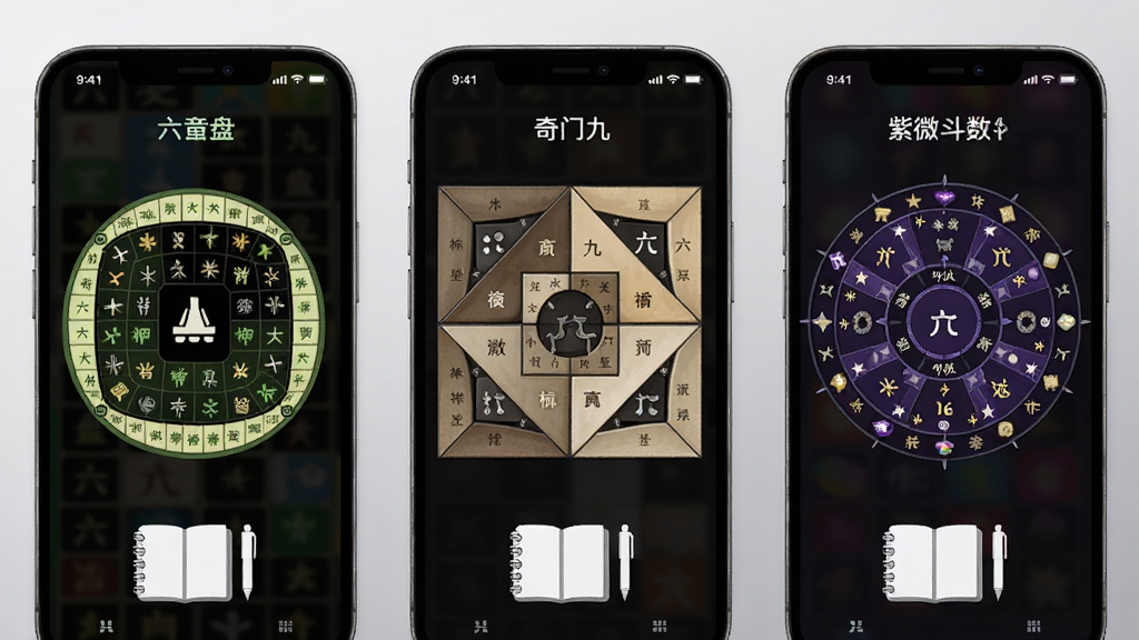 起课笔记多体系排盘功能展示图,画面中并排展示三台手机屏幕,分别显示六壬盘、奇门九宫格与紫微斗数星盘,每台手机下方配有笔记本与笔的图标,背景为浅灰色渐变,布局整齐对称,风格为科技简约风,细节包含盘面星曜与神煞标注,画质高清,干净整洁