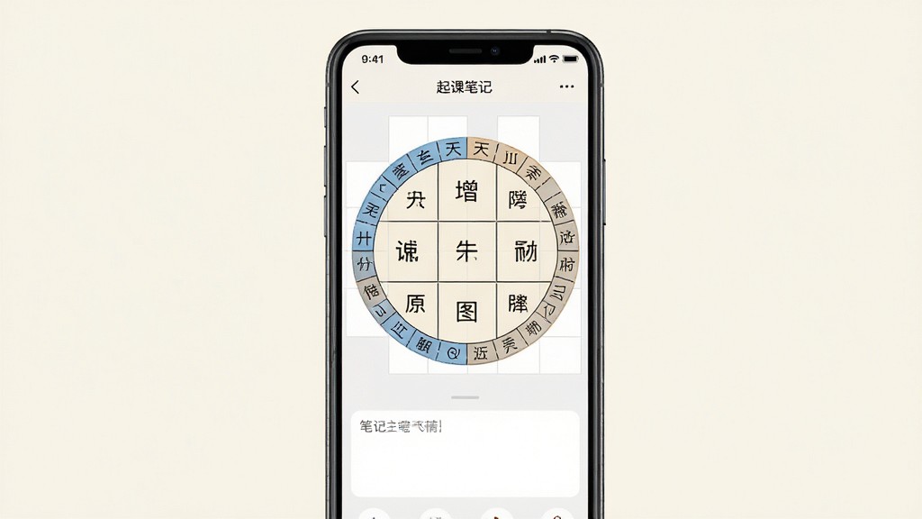 起课笔记安卓版主界面展示图,画面中央放置一部智能手机,屏幕显示起课笔记APP的排盘界面,包含天干地支、九宫格与笔记输入框,背景为淡雅米白色,布局简洁清晰,风格为现代扁平化UI设计,细节包含盘面线条与文字标注,画质高清,画面干净无多余元素