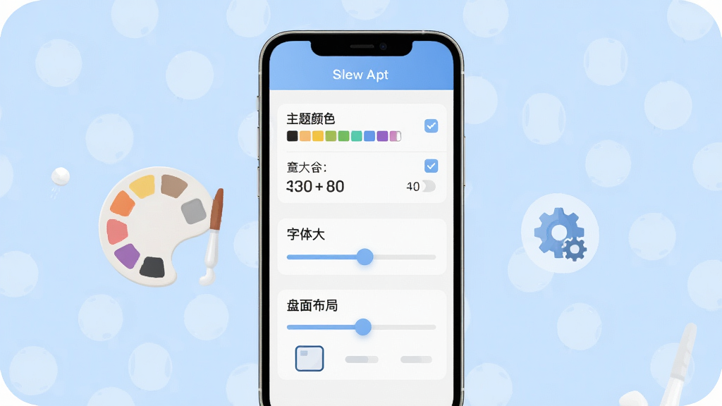 起课笔记个性化设置界面图,画面展示手机屏幕内设置菜单,包含主题颜色、字体大小、盘面布局选项,屏幕旁边有调色板与齿轮图标,背景为柔和浅蓝色,布局居中,风格为清新扁平化设计,细节包含勾选按钮与滑动条,画质高清,画面干净无多余元素