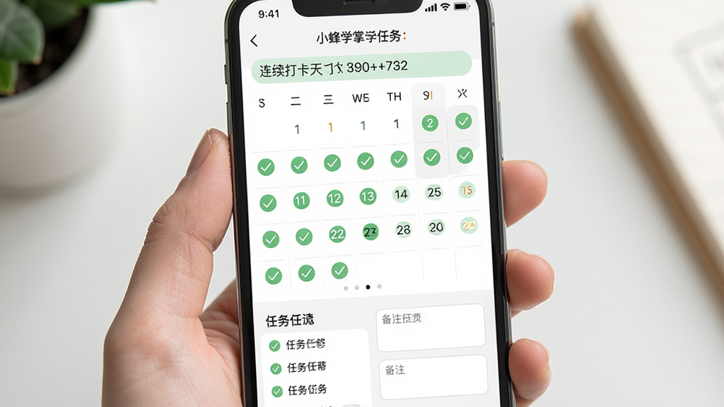 一张小蜂学掌学习任务打卡页面的图片,画面中手机屏幕显示日历打卡视图,已完成日期用绿色勾选标记,顶部有连续打卡天数统计,底部有任务列表和备注输入框,风格清新柔和,布局合理,画质高清,无多余元素