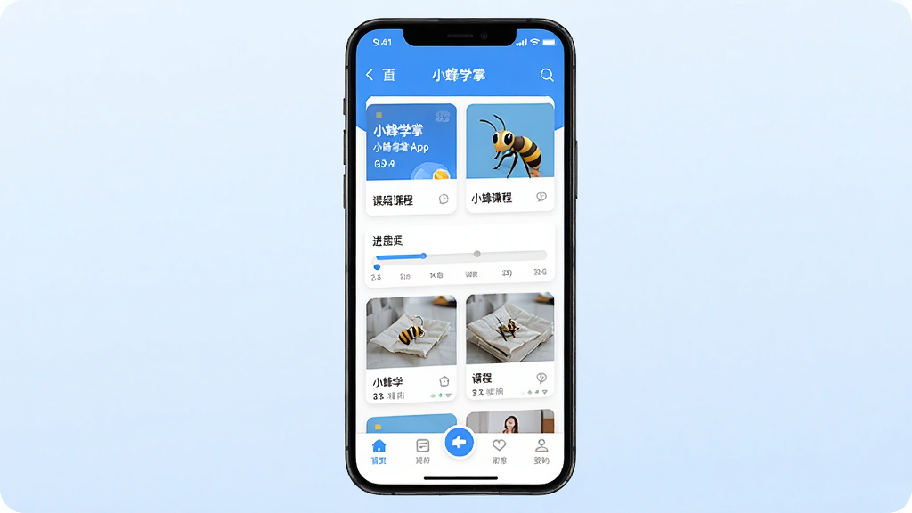 一张展示小蜂学掌手机应用主界面的图片,画面中央是一部竖屏智能手机,屏幕中显示小蜂学掌App的首页布局,顶部有课程卡片和进度条,底部有功能导航栏,背景为干净的浅蓝色渐变,风格简洁清新,细节清晰,画质高清,无多余元素