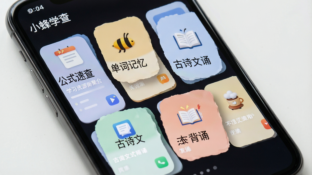 一张小蜂学掌学习资源聚合页面的图片,画面中手机屏幕显示多个功能卡片入口,包括公式速查、单词记忆、古诗文背诵等图标,卡片排列整齐,配色柔和,风格统一,画质高清,布局清晰,无多余元素