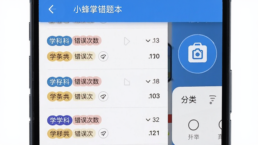 一幅展示小蜂学掌错题本功能的图片,画面主体为手机屏幕上的错题列表界面,每条错题带有学科标签和错误次数标记,旁边有拍照上传按钮和分类筛选栏,风格简洁实用,细节清晰,画质干净,无多余元素