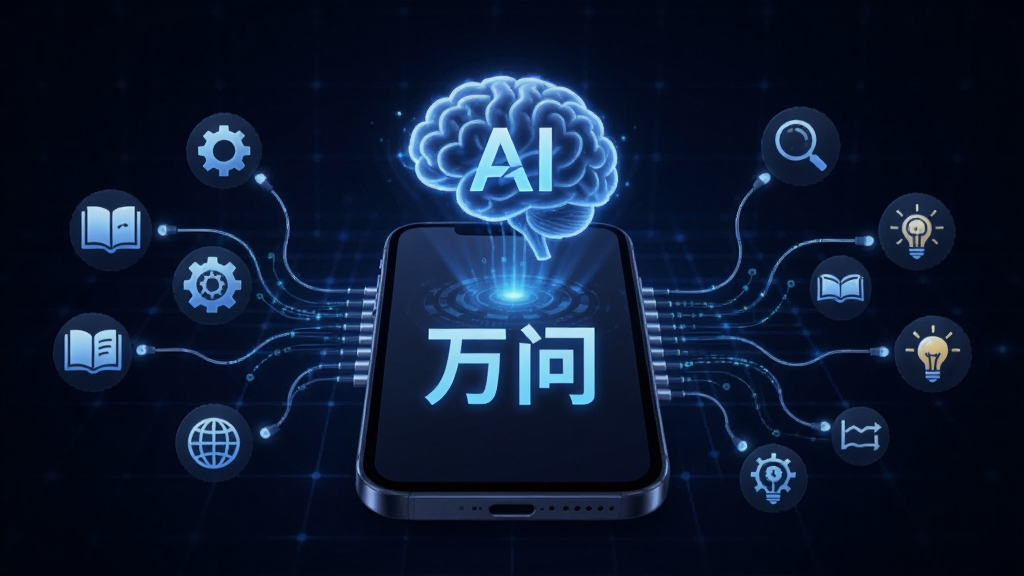 一个发光的AI大脑图标悬浮在手机屏幕上方,下方连接着无数条数据线通向各种知识图标,如书本、齿轮、地球、灯泡等,画面中央用发光字体写着“万问”,背景是深蓝色科技网格,风格简洁科幻,画质高清,干净无杂物