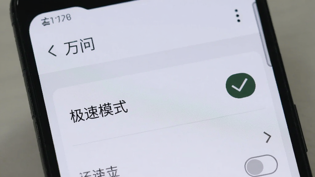 一部安卓手机屏幕显示“万问”的设置页面,页面中有“极速模式”开关被高亮显示,旁边有勾选标记,背景是浅色界面,画质清晰,无多余元素