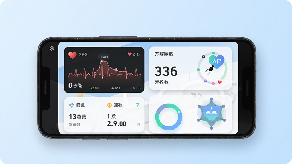 一张展示日月健DRH软件界面的手机样机图,主体是居中放置的安卓手机,屏幕上显示着包含心率曲线、步数统计和睡眠质量圆环的仪表盘布局,背景是干净的浅蓝色渐变,风格简洁现代,细节上带有柔和的阴影和圆角图标,画质清晰,干净,无多余元素