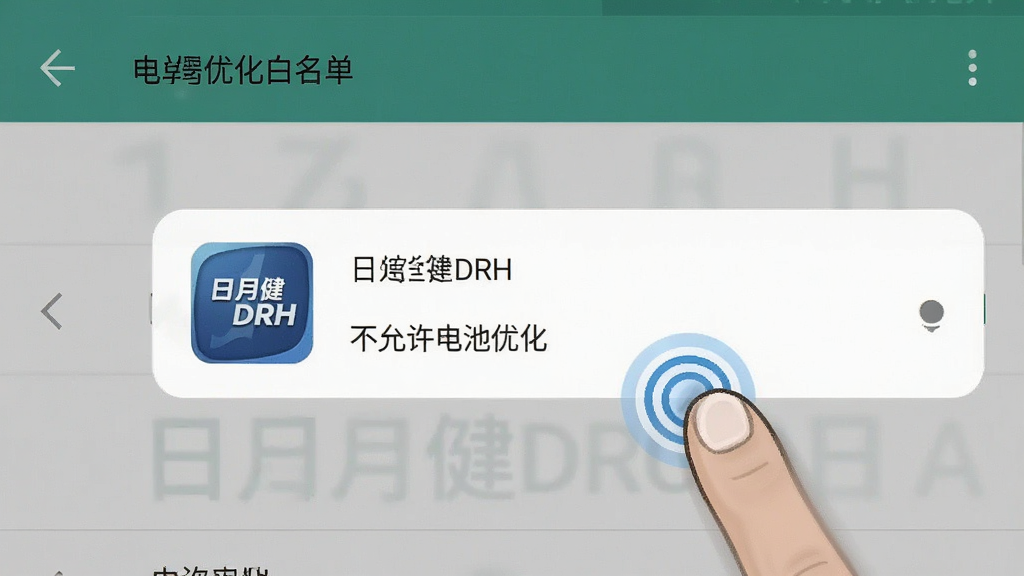 一张展示日月健DRH在手机后台运行设置界面的插图,主体是安卓系统的电池优化白名单设置页面,布局上屏幕中央高亮显示“日月健DRH”应用图标及“不允许电池优化”选项,风格为原生安卓设置界面风格,细节上带有手指点击的提示动画,画质清晰,干净,无多余元素