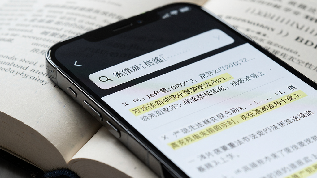 主体为一部智能手机特写,屏幕显示法律条文检索结果列表,布局采用微距视角,手机下方为翻开的法典,排版突出屏幕内容,风格为极简科技风,细节上检索框内文字清晰,法条高亮显示,画质高清,画面干净,无多余元素。