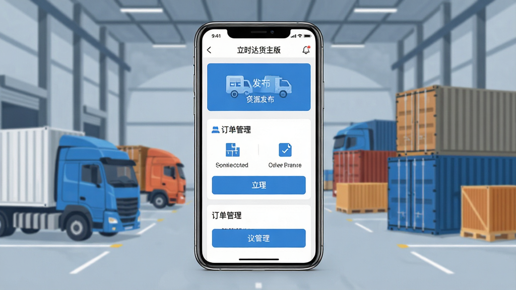 立时达货主版手机应用界面展示,画面中央一部智能手机竖屏显示APP首页,首页顶部有货源发布入口和订单管理模块,背景为现代物流仓库场景,有货车和货物集装箱元素,画面布局为居中构图,风格为清爽扁平化UI设计,细节包括蓝色主色调按钮、图标和文字标签,画质高清,干净,无多余元素