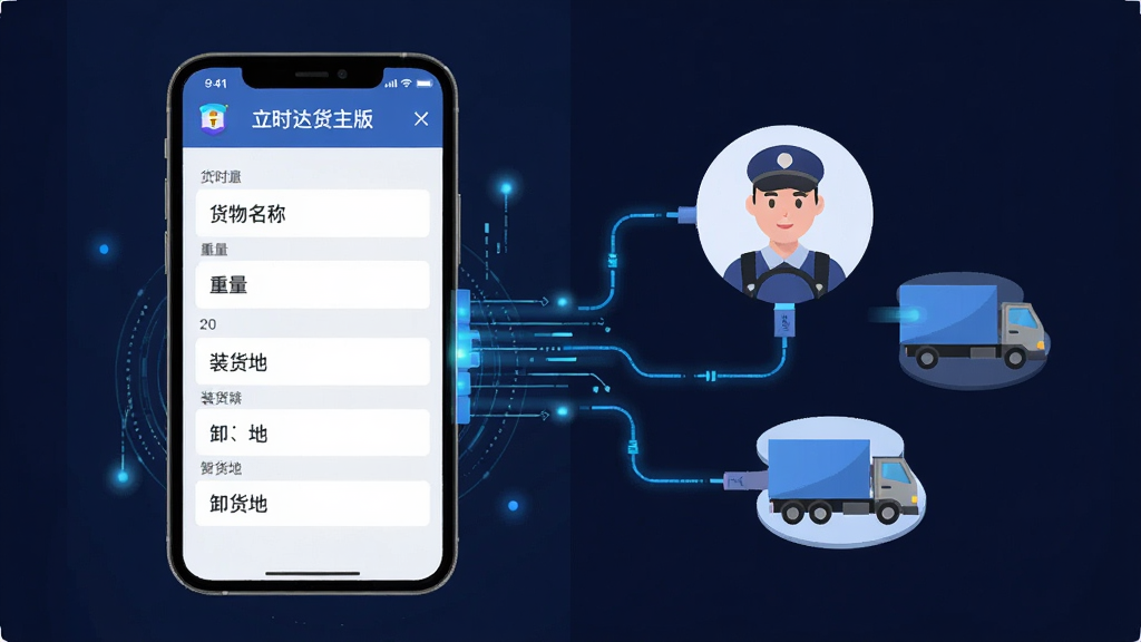 立时达货主版货源发布功能界面,画面主体是一部手机展示货源信息填写表单,表单包含货物名称、重量、装货地、卸货地等字段,手机旁边有虚拟的司机头像和货车图标通过数据线连接到手机屏幕,布局为左右分栏,左侧手机右侧图标群,风格为科技感扁平插画,细节包括蓝色数据流线条和光点,画质高清,干净,无多余元素