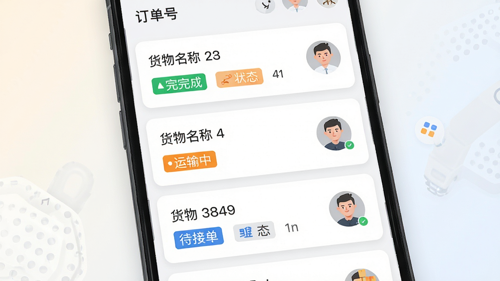 立时达货主版订单管理列表界面,画面主体为手机屏幕显示订单卡片列表,每张卡片包含订单号、货物名称、状态标签和司机头像,布局为纵向列表展示,背景为浅色渐变,风格为清新商务扁平设计,细节包括绿色已完成标签、橙色运输中标签和蓝色待接单标签,画质高清,干净,无多余元素