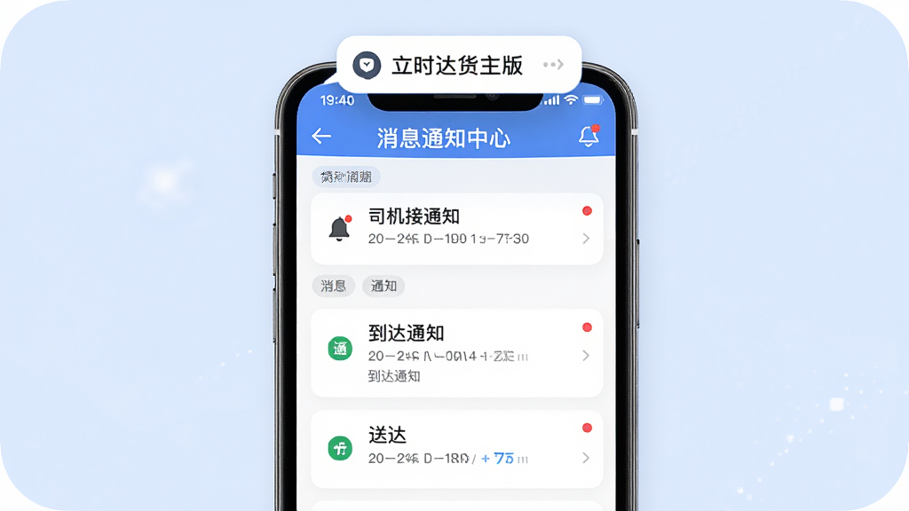 立时达货主版消息通知中心界面,画面主体为手机屏幕显示消息列表,消息条目包含司机接单通知、到达通知和送达通知,手机上方有悬浮推送气泡,布局为居中手机展示,背景为柔和浅蓝色,风格为现代移动端UI设计,细节包括铃铛图标、红点提示和分类标签,画质高清,干净,无多余元素