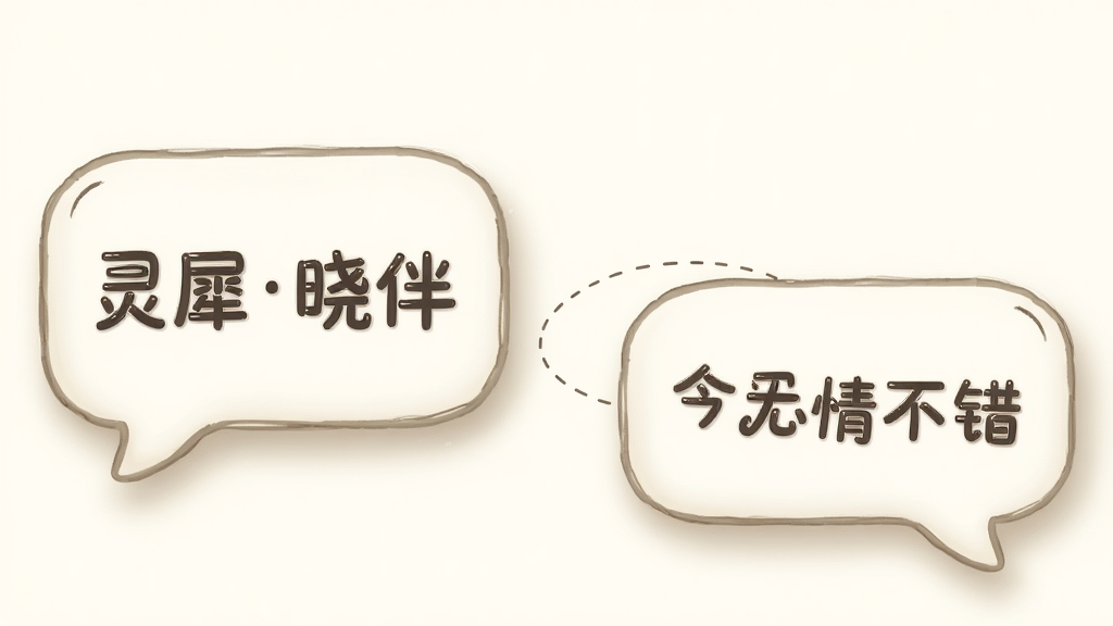 画面主体为两个对话气泡,左侧气泡写“灵犀晓伴”,右侧气泡写“今天心情不错”,气泡之间用虚线连接,背景为米白色,布局左右分布,风格为简约插画风,细节包括柔和阴影和圆角边框,画质高清,干净,无多余元素