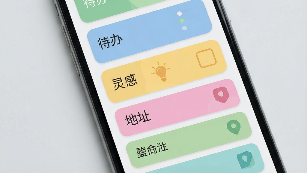 画面展示手机屏幕内排列着多张彩色信息卡片,卡片上分别写有“待办”“灵感”“地址”等字样,背景为浅灰色,布局为纵向列表,风格为清新扁平风,细节包括卡片圆角和淡雅配色,画质高清,干净,无多余元素