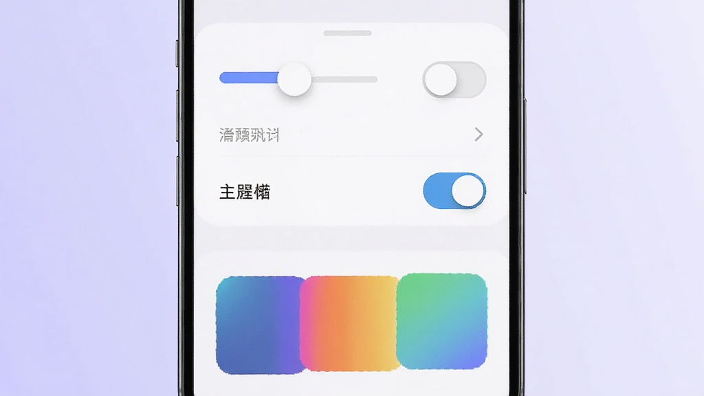 画面展示手机设置界面,界面中有滑块、开关和主题色块,背景为淡紫色渐变,布局为纵向列表,风格为现代UI设计风,细节包括圆角控件和清晰标签文字,画质高清,干净,无多余元素