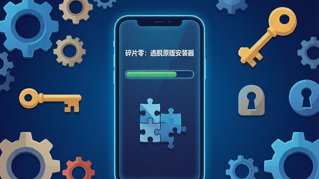 画面中央放置一部智能手机,手机屏幕上显示“碎片零:逃脱原版安装器”的安装进度条与碎片拼图图案,四周环绕齿轮、钥匙、锁孔等解谜元素,背景为深蓝色渐变,布局采用中心对称,风格为扁平化科技插画,细节包括发光边框与柔和阴影,画质清晰,干净,无多余元素