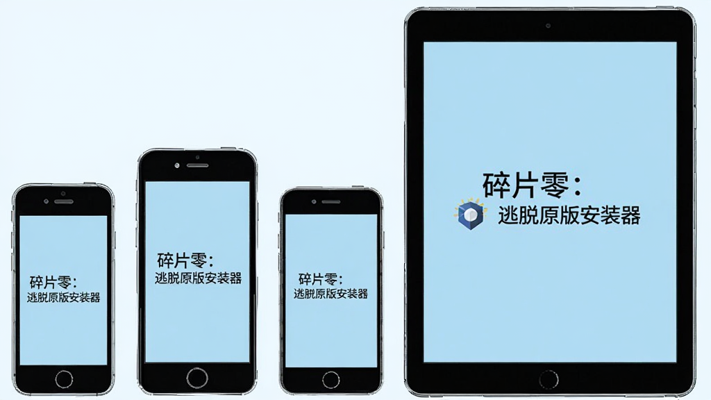 多部不同尺寸的手机与平板并排显示“碎片零:逃脱原版安装器”界面,屏幕比例各异但布局整齐,背景为淡蓝色,布局为横向排列,风格为产品展示图,细节有设备轮廓线,画质清晰,干净,无多余元素