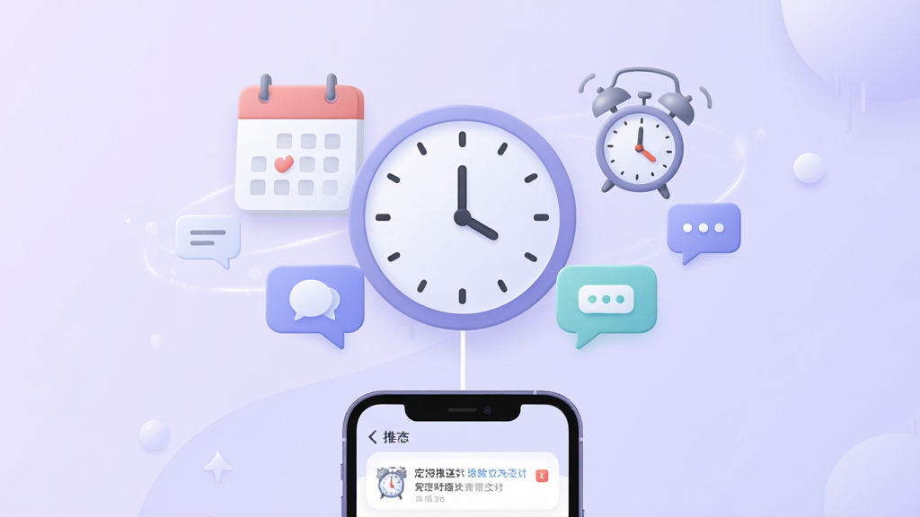 一张展示定时推送功能的概念插图,画面中央是一个时钟图标,时钟周围环绕着日历、闹钟和消息气泡元素,时钟下方连接着手机界面显示推送消息,背景为淡紫色渐变,风格柔和清新,布局简洁明了,细节精致,画质高清,干净无多余元素