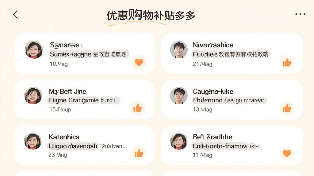 画面展示“优惠购物补贴多多”软件内的省钱攻略社区页面,页面中有多篇攻略卡片,卡片上带有用户头像和标题文字,布局为竖向列表,风格为柔和圆角卡片式设计,背景为米白色,细节上突出攻略标题和点赞图标,画质清晰,适合下载站展示软件社区功能