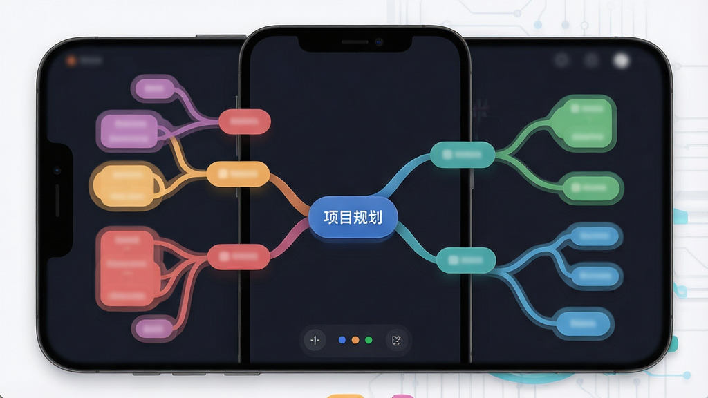 一张展示Mindhive思维导图软件界面的图片,主体为手机屏幕显示色彩分明的思维导图结构,中心主题为“项目规划”,向外延伸出多个分支节点,布局居中,排版清晰,风格为现代扁平化科技风,细节包含圆角节点、流畅的连接曲线、柔和的阴影,画质高清,画面干净,无多余元素