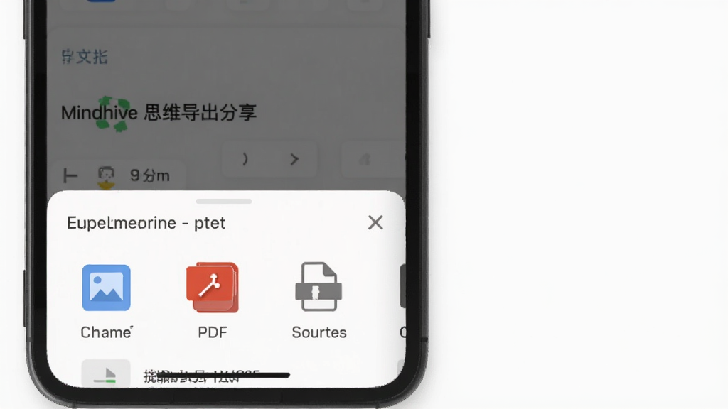 一张展示Mindhive思维导图导出分享功能的图片,主体为手机屏幕显示导出格式选择菜单,布局为底部弹窗样式,排版简洁,风格为现代移动端UI,细节包含图片、PDF、源文件等图标选项,画质清晰,画面干净,无多余元素