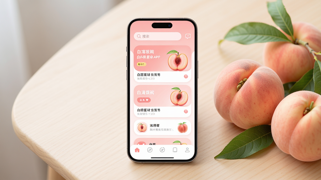 画面主体为一部竖屏智能手机,屏幕中展示着白桃星球APP的首页界面,界面以柔和的粉白色调为主,顶部有搜索栏和消息图标,中部为卡片式内容推荐流,底部为五个导航标签。手机放置在浅色木质桌面上,旁边点缀几颗新鲜白桃与绿色叶片。整体布局居中,风格清新治愈,细节上突出界面的圆角设计与柔和阴影,画质高清干净,无多余元素。