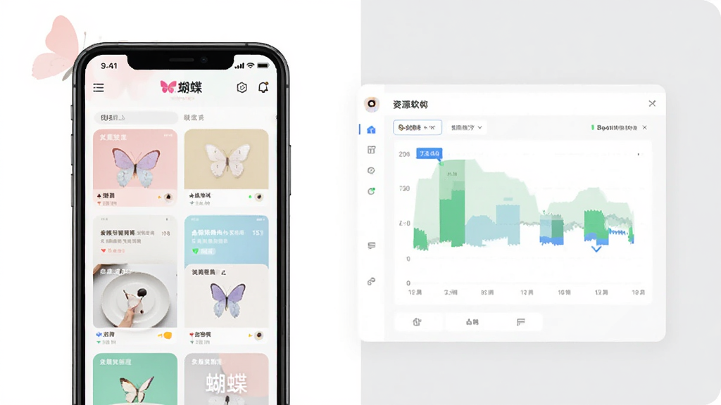 蝴蝶软件功能展示图,画面左侧是手机屏幕显示分类整理界面,右侧是资源占用监控图表,屏幕中带有