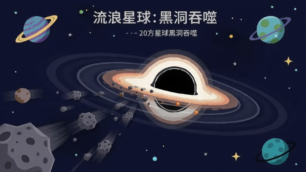 一个逐渐变大的黑洞在宇宙中吞噬周围的小行星和陨石,黑洞周围有引力波纹扩散效果,背景是深蓝色星空点缀着各色星球,扁平化插画风格,画面干净,无多余元素,高清画质,图中带有文字