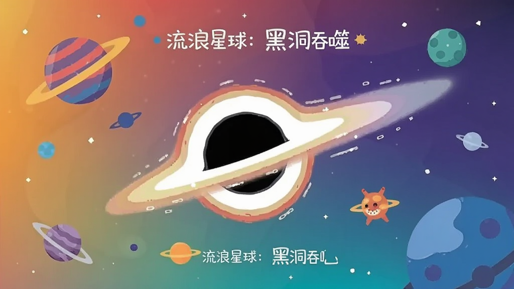 一个黑洞在宇宙中穿梭,周围有不同颜色和大小的星球,黑洞带有发光拖尾效果,背景是渐变色的星空,扁平化插画风格,画面干净整洁,无多余元素,高清画质,图中带有文字