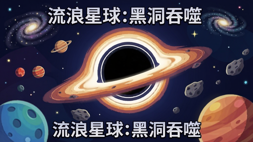 一个深邃的宇宙黑洞位于画面中央,周围环绕着色彩斑斓的星球和陨石,黑洞边缘有发光的吸积盘,背景是浩瀚星空和远处的星系,整体采用扁平化插画风格,细节丰富,画面干净,无多余元素,高清画质,游戏宣传图风格,图中带有文字