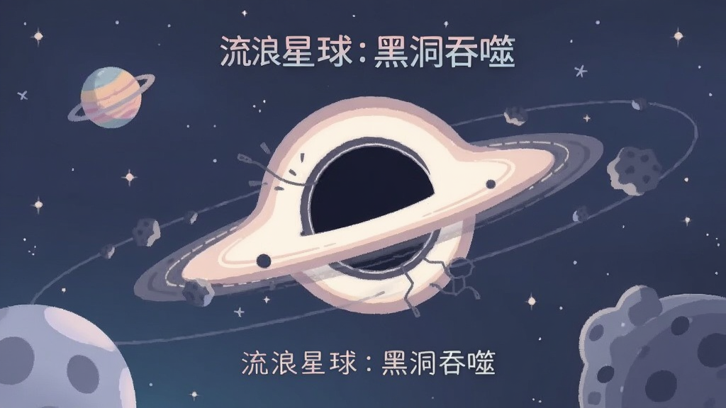 一个黑洞悬浮在宇宙中,周围环绕着星球和陨石碎片,背景是宁静的星空,画面色调柔和,扁平化插画风格,干净整洁,无多余元素,高清画质,图中带有文字