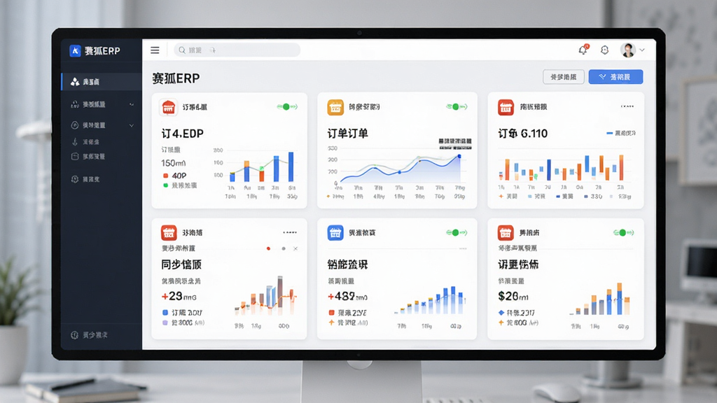 一幅展示赛狐ERP多店铺统一管理功能的AI生图,画面主体为赛狐ERP软件界面,布局采用中央大屏展示多个店铺卡片,每个卡片显示不同站点的订单量和销售额,排版整齐有序,风格为现代扁平化科技风,细节包括数据图表、店铺图标、同步状态标识,画质高清,干净,无多余元素
